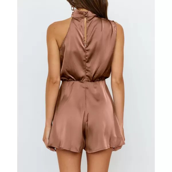 BTFBM Womens Mock Neck Summer Romper Satin Sleeveless Elastic Waist Casual Beach Party One Piece Short Jumpsuit RompersSolid Khaki