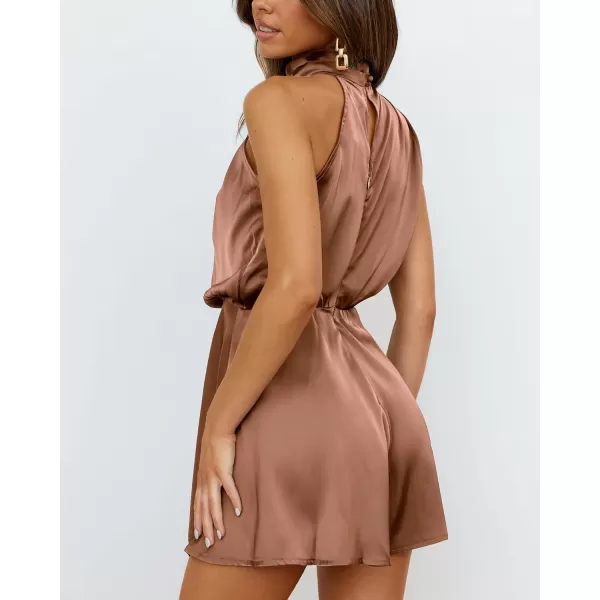 BTFBM Womens Mock Neck Summer Romper Satin Sleeveless Elastic Waist Casual Beach Party One Piece Short Jumpsuit RompersSolid Khaki