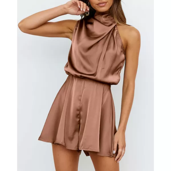 BTFBM Womens Mock Neck Summer Romper Satin Sleeveless Elastic Waist Casual Beach Party One Piece Short Jumpsuit RompersSolid Khaki