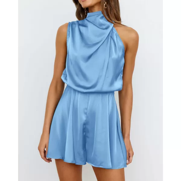 BTFBM Womens Mock Neck Summer Romper Satin Sleeveless Elastic Waist Casual Beach Party One Piece Short Jumpsuit RompersSolid Light Blue