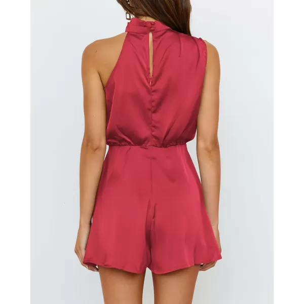 BTFBM Womens Mock Neck Summer Romper Satin Sleeveless Elastic Waist Casual Beach Party One Piece Short Jumpsuit RompersSolid Red