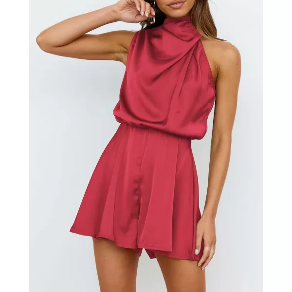 BTFBM Womens Mock Neck Summer Romper Satin Sleeveless Elastic Waist Casual Beach Party One Piece Short Jumpsuit RompersSolid Red
