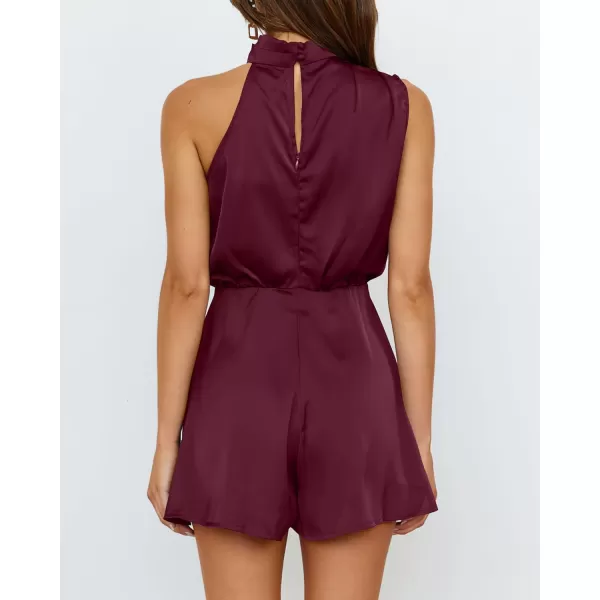 BTFBM Womens Mock Neck Summer Romper Satin Sleeveless Elastic Waist Casual Beach Party One Piece Short Jumpsuit RompersSolid Wine Red