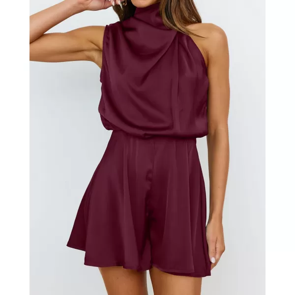 BTFBM Womens Mock Neck Summer Romper Satin Sleeveless Elastic Waist Casual Beach Party One Piece Short Jumpsuit RompersSolid Wine Red