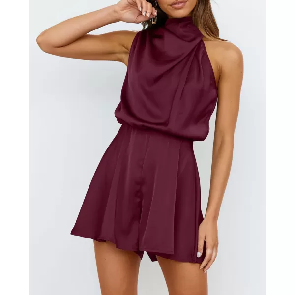 BTFBM Womens Mock Neck Summer Romper Satin Sleeveless Elastic Waist Casual Beach Party One Piece Short Jumpsuit RompersSolid Wine Red