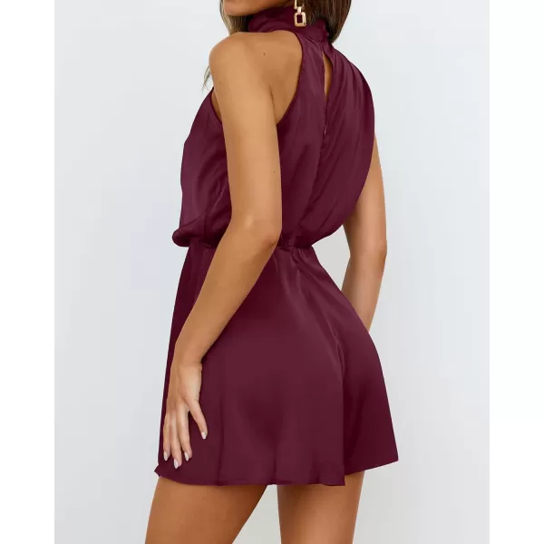BTFBM Womens Mock Neck Summer Romper Satin Sleeveless Elastic Waist Casual Beach Party One Piece Short Jumpsuit RompersSolid Wine Red