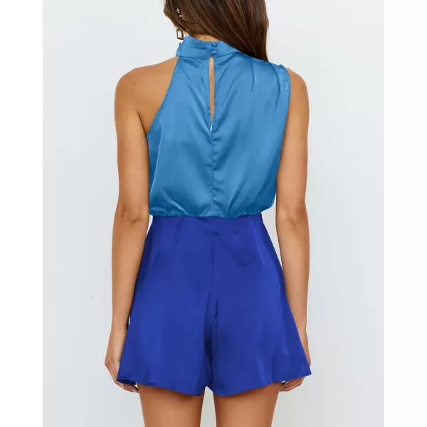 BTFBM Womens Mock Neck Summer Romper Satin Sleeveless Elastic Waist Casual Beach Party One Piece Short Jumpsuit RompersStitched Lignt Blue