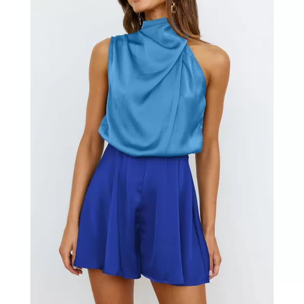BTFBM Womens Mock Neck Summer Romper Satin Sleeveless Elastic Waist Casual Beach Party One Piece Short Jumpsuit RompersStitched Lignt Blue