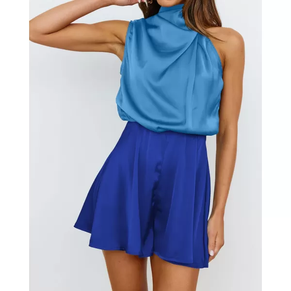 BTFBM Womens Mock Neck Summer Romper Satin Sleeveless Elastic Waist Casual Beach Party One Piece Short Jumpsuit RompersStitched Lignt Blue
