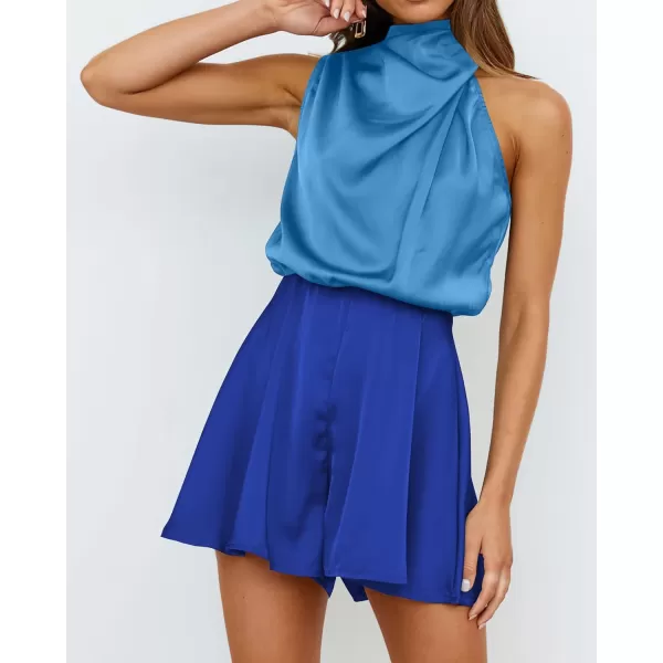 BTFBM Womens Mock Neck Summer Romper Satin Sleeveless Elastic Waist Casual Beach Party One Piece Short Jumpsuit RompersStitched Lignt Blue