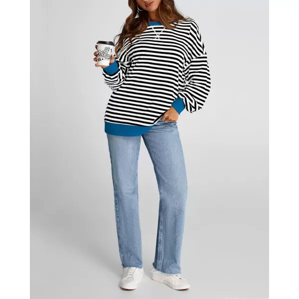 BTFBM Womens Striped Pullover Tops 2024 Fall Clothes Long Lantern Sleeve Soft Loose Crew Neck Y2K SweatshirtsBlack White
