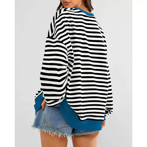 BTFBM Womens Striped Pullover Tops 2024 Fall Clothes Long Lantern Sleeve Soft Loose Crew Neck Y2K SweatshirtsBlack White
