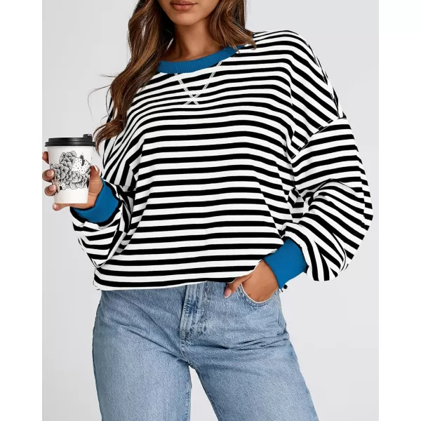 BTFBM Womens Striped Pullover Tops 2024 Fall Clothes Long Lantern Sleeve Soft Loose Crew Neck Y2K SweatshirtsBlack White