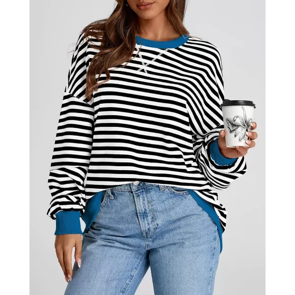 BTFBM Womens Striped Pullover Tops 2024 Fall Clothes Long Lantern Sleeve Soft Loose Crew Neck Y2K SweatshirtsBlack White