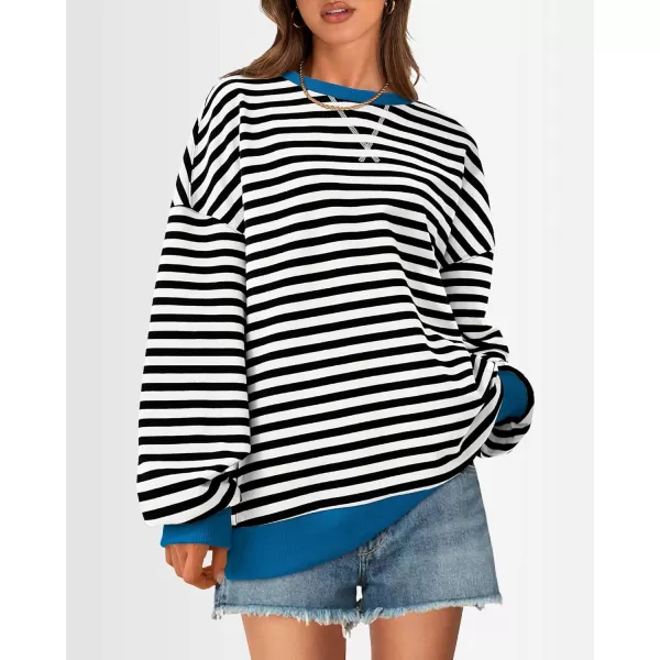 BTFBM Womens Striped Pullover Tops 2024 Fall Clothes Long Lantern Sleeve Soft Loose Crew Neck Y2K SweatshirtsBlack White