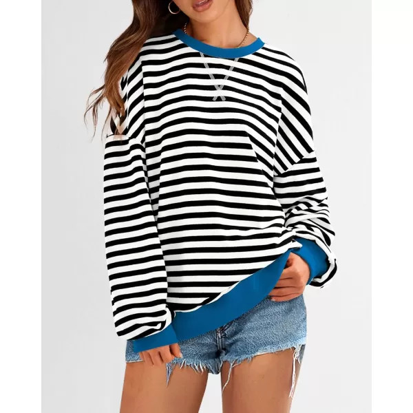 BTFBM Womens Striped Pullover Tops 2024 Fall Clothes Long Lantern Sleeve Soft Loose Crew Neck Y2K SweatshirtsBlack White
