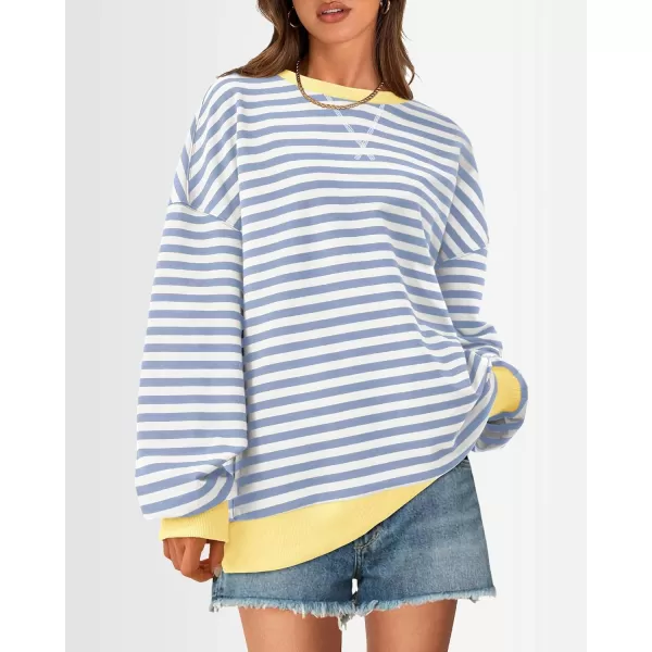 BTFBM Womens Striped Pullover Tops 2024 Fall Clothes Long Lantern Sleeve Soft Loose Crew Neck Y2K SweatshirtsBlue Beige White