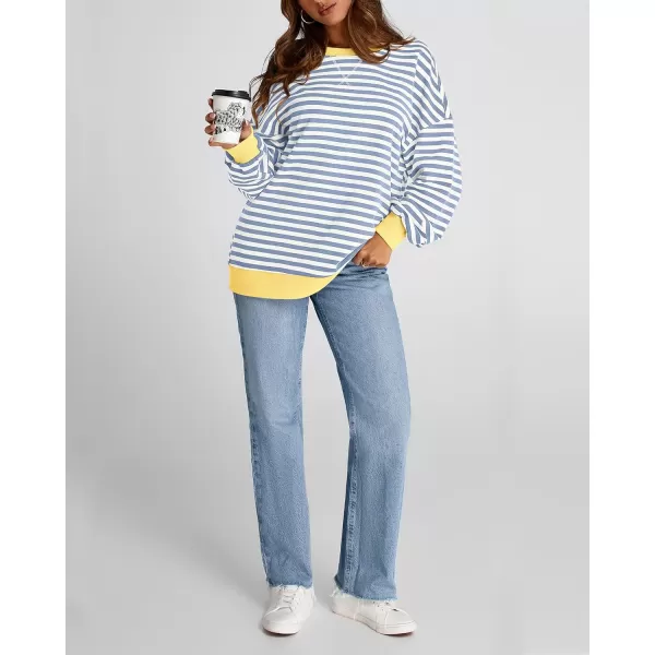 BTFBM Womens Striped Pullover Tops 2024 Fall Clothes Long Lantern Sleeve Soft Loose Crew Neck Y2K SweatshirtsBlue Beige White