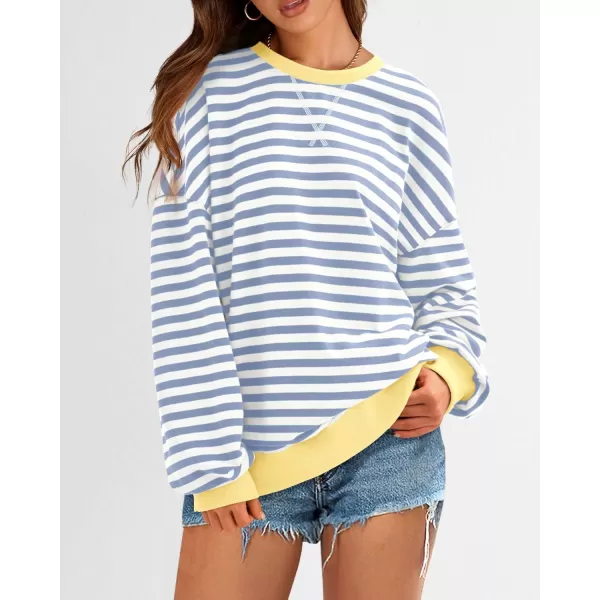 BTFBM Womens Striped Pullover Tops 2024 Fall Clothes Long Lantern Sleeve Soft Loose Crew Neck Y2K SweatshirtsBlue Beige White