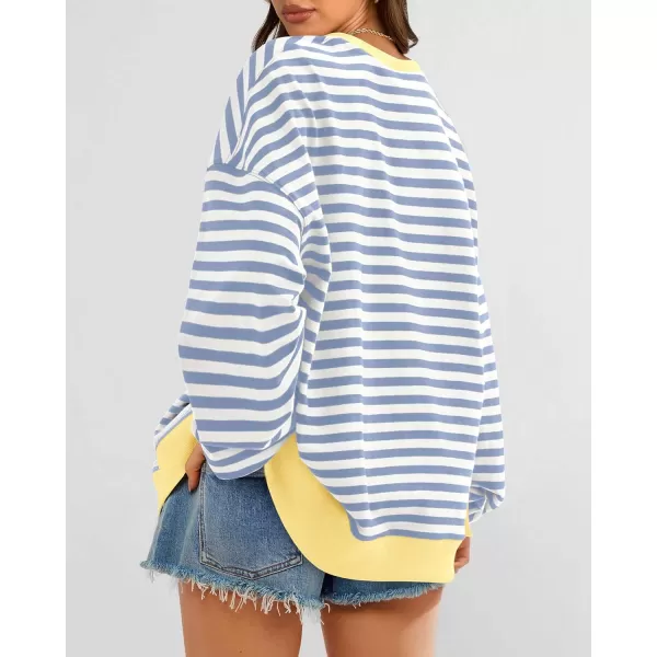 BTFBM Womens Striped Pullover Tops 2024 Fall Clothes Long Lantern Sleeve Soft Loose Crew Neck Y2K SweatshirtsBlue Beige White