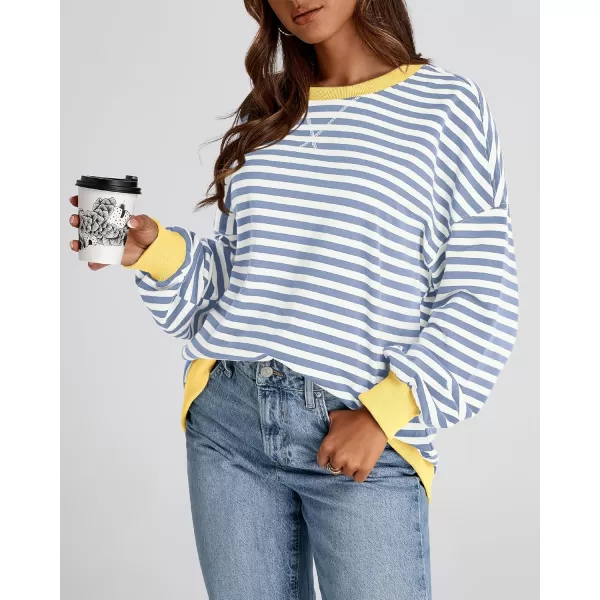 BTFBM Womens Striped Pullover Tops 2024 Fall Clothes Long Lantern Sleeve Soft Loose Crew Neck Y2K SweatshirtsBlue Beige White