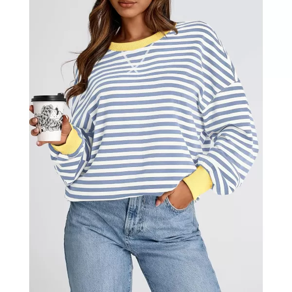 BTFBM Womens Striped Pullover Tops 2024 Fall Clothes Long Lantern Sleeve Soft Loose Crew Neck Y2K SweatshirtsBlue Beige White