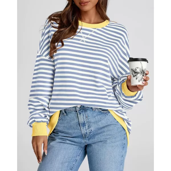 BTFBM Womens Striped Pullover Tops 2024 Fall Clothes Long Lantern Sleeve Soft Loose Crew Neck Y2K SweatshirtsBlue Beige White