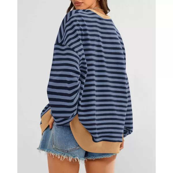 BTFBM Womens Striped Pullover Tops 2024 Fall Clothes Long Lantern Sleeve Soft Loose Crew Neck Y2K SweatshirtsBlue Navy