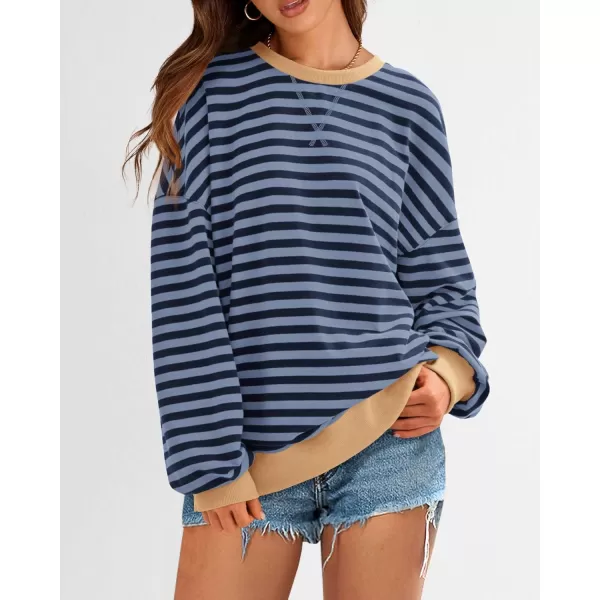 BTFBM Womens Striped Pullover Tops 2024 Fall Clothes Long Lantern Sleeve Soft Loose Crew Neck Y2K SweatshirtsBlue Navy