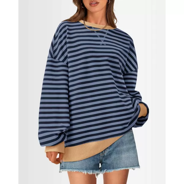 BTFBM Womens Striped Pullover Tops 2024 Fall Clothes Long Lantern Sleeve Soft Loose Crew Neck Y2K SweatshirtsBlue Navy