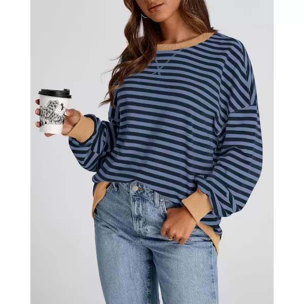 BTFBM Womens Striped Pullover Tops 2024 Fall Clothes Long Lantern Sleeve Soft Loose Crew Neck Y2K SweatshirtsBlue Navy