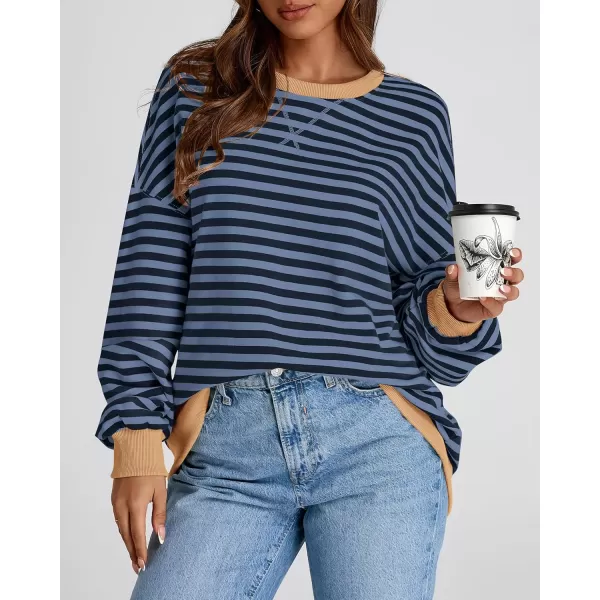 BTFBM Womens Striped Pullover Tops 2024 Fall Clothes Long Lantern Sleeve Soft Loose Crew Neck Y2K SweatshirtsBlue Navy