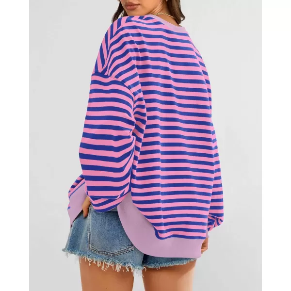 BTFBM Womens Striped Pullover Tops 2024 Fall Clothes Long Lantern Sleeve Soft Loose Crew Neck Y2K SweatshirtsBlue Pink