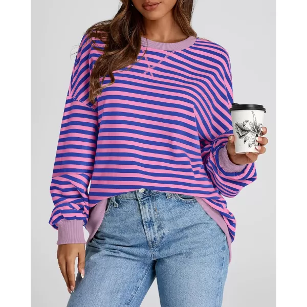 BTFBM Womens Striped Pullover Tops 2024 Fall Clothes Long Lantern Sleeve Soft Loose Crew Neck Y2K SweatshirtsBlue Pink