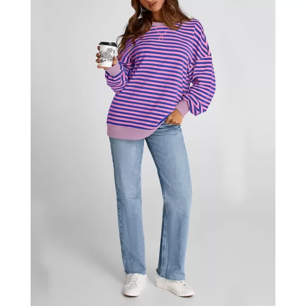 BTFBM Womens Striped Pullover Tops 2024 Fall Clothes Long Lantern Sleeve Soft Loose Crew Neck Y2K SweatshirtsBlue Pink