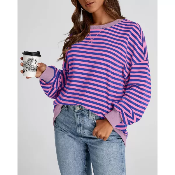 BTFBM Womens Striped Pullover Tops 2024 Fall Clothes Long Lantern Sleeve Soft Loose Crew Neck Y2K SweatshirtsBlue Pink