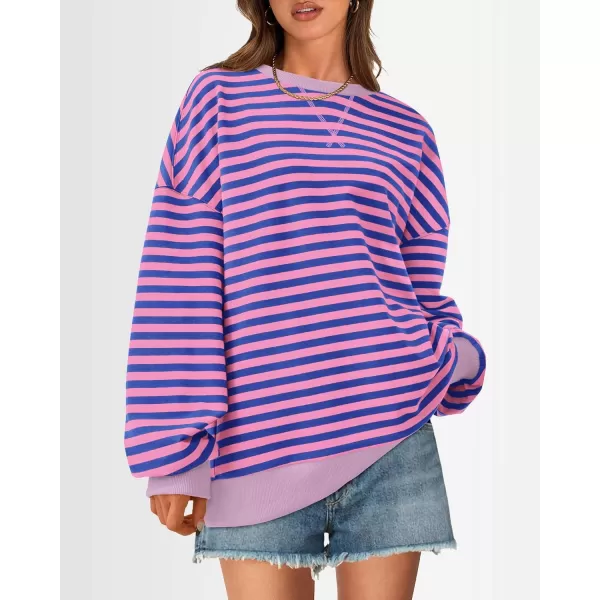 BTFBM Womens Striped Pullover Tops 2024 Fall Clothes Long Lantern Sleeve Soft Loose Crew Neck Y2K SweatshirtsBlue Pink
