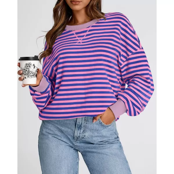 BTFBM Womens Striped Pullover Tops 2024 Fall Clothes Long Lantern Sleeve Soft Loose Crew Neck Y2K SweatshirtsBlue Pink