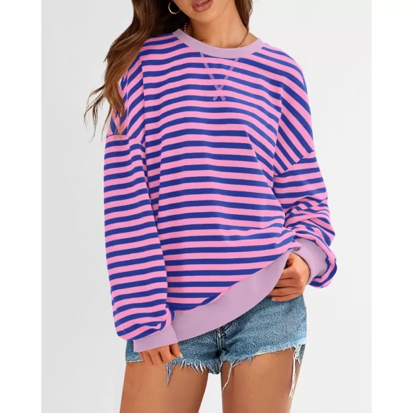 BTFBM Womens Striped Pullover Tops 2024 Fall Clothes Long Lantern Sleeve Soft Loose Crew Neck Y2K SweatshirtsBlue Pink