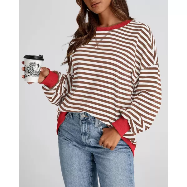 BTFBM Womens Striped Pullover Tops 2024 Fall Clothes Long Lantern Sleeve Soft Loose Crew Neck Y2K SweatshirtsBrown White