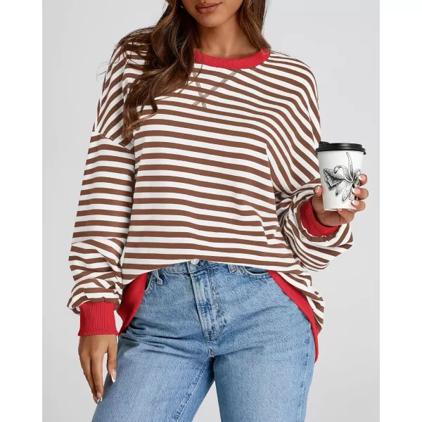 BTFBM Womens Striped Pullover Tops 2024 Fall Clothes Long Lantern Sleeve Soft Loose Crew Neck Y2K SweatshirtsBrown White