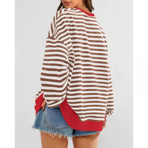 BTFBM Womens Striped Pullover Tops 2024 Fall Clothes Long Lantern Sleeve Soft Loose Crew Neck Y2K SweatshirtsBrown White