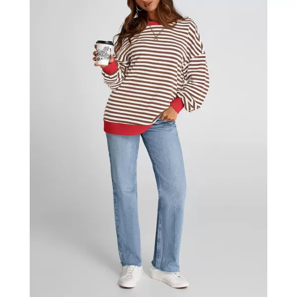 BTFBM Womens Striped Pullover Tops 2024 Fall Clothes Long Lantern Sleeve Soft Loose Crew Neck Y2K SweatshirtsBrown White