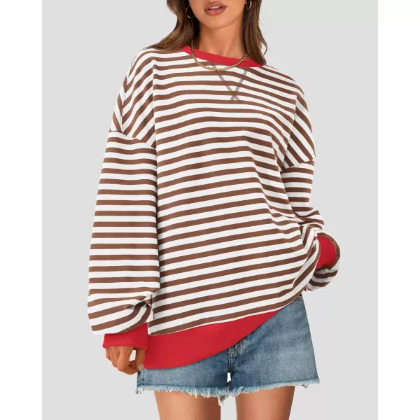 BTFBM Womens Striped Pullover Tops 2024 Fall Clothes Long Lantern Sleeve Soft Loose Crew Neck Y2K SweatshirtsBrown White