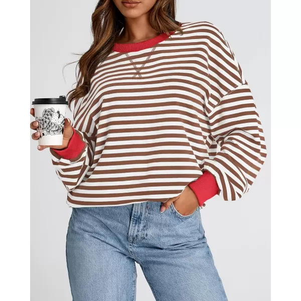 BTFBM Womens Striped Pullover Tops 2024 Fall Clothes Long Lantern Sleeve Soft Loose Crew Neck Y2K SweatshirtsBrown White