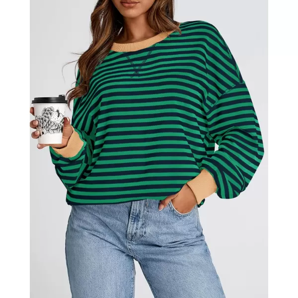BTFBM Womens Striped Pullover Tops 2024 Fall Clothes Long Lantern Sleeve Soft Loose Crew Neck Y2K SweatshirtsGreen Navy
