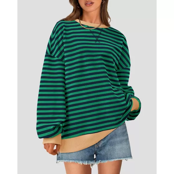 BTFBM Womens Striped Pullover Tops 2024 Fall Clothes Long Lantern Sleeve Soft Loose Crew Neck Y2K SweatshirtsGreen Navy