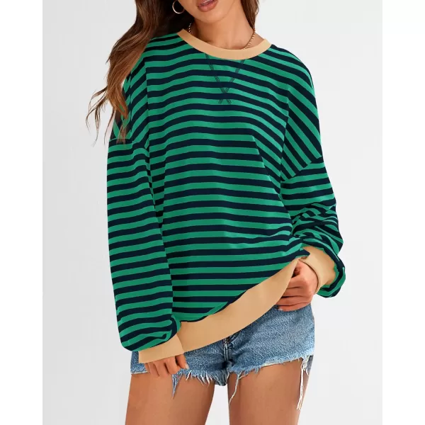 BTFBM Womens Striped Pullover Tops 2024 Fall Clothes Long Lantern Sleeve Soft Loose Crew Neck Y2K SweatshirtsGreen Navy