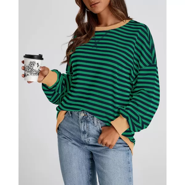 BTFBM Womens Striped Pullover Tops 2024 Fall Clothes Long Lantern Sleeve Soft Loose Crew Neck Y2K SweatshirtsGreen Navy