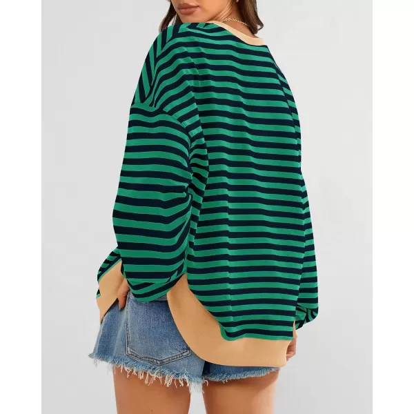 BTFBM Womens Striped Pullover Tops 2024 Fall Clothes Long Lantern Sleeve Soft Loose Crew Neck Y2K SweatshirtsGreen Navy
